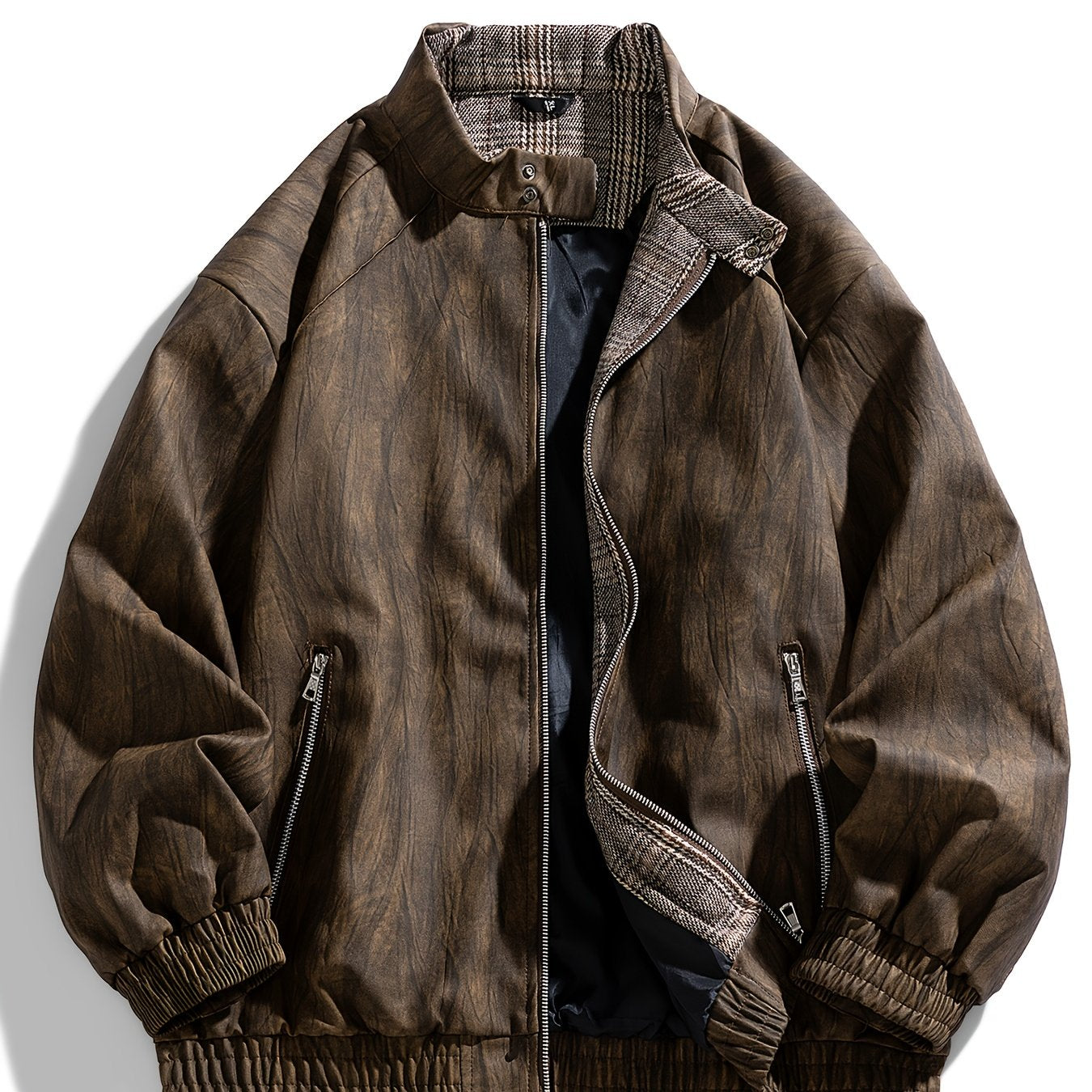 Men'S Vintage-Inspired Faux Leather Jacket - Loose Fit, Long Sleeve, Zip-Up with Chest Pockets
