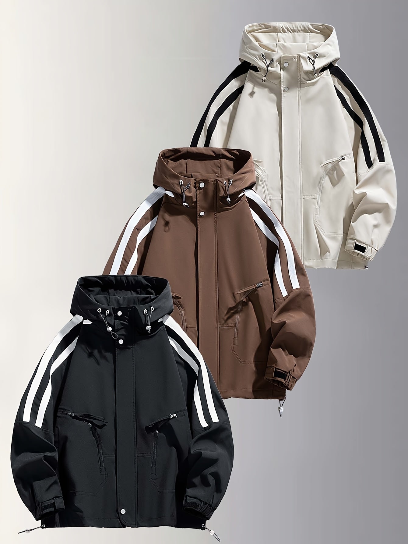 Men's Heavy-Duty Windproof Jacket - Full-Zip Hooded Windbreaker with White Stripe Collar & Cuffs