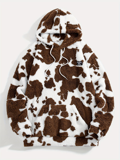 1pc Men'S Plush Hooded Sweatshirt - Soft Warm Winter Pullover with Brown & Cow Print