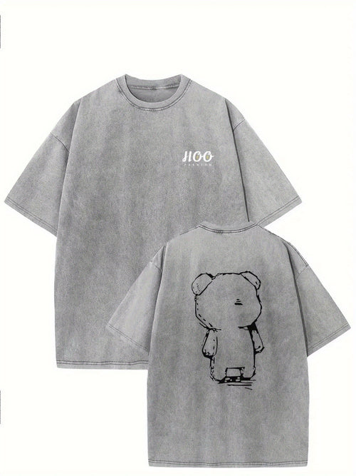 1pc, 230G Double-Sided Washed, Sticker Teddy Bear Printed T-Shirt