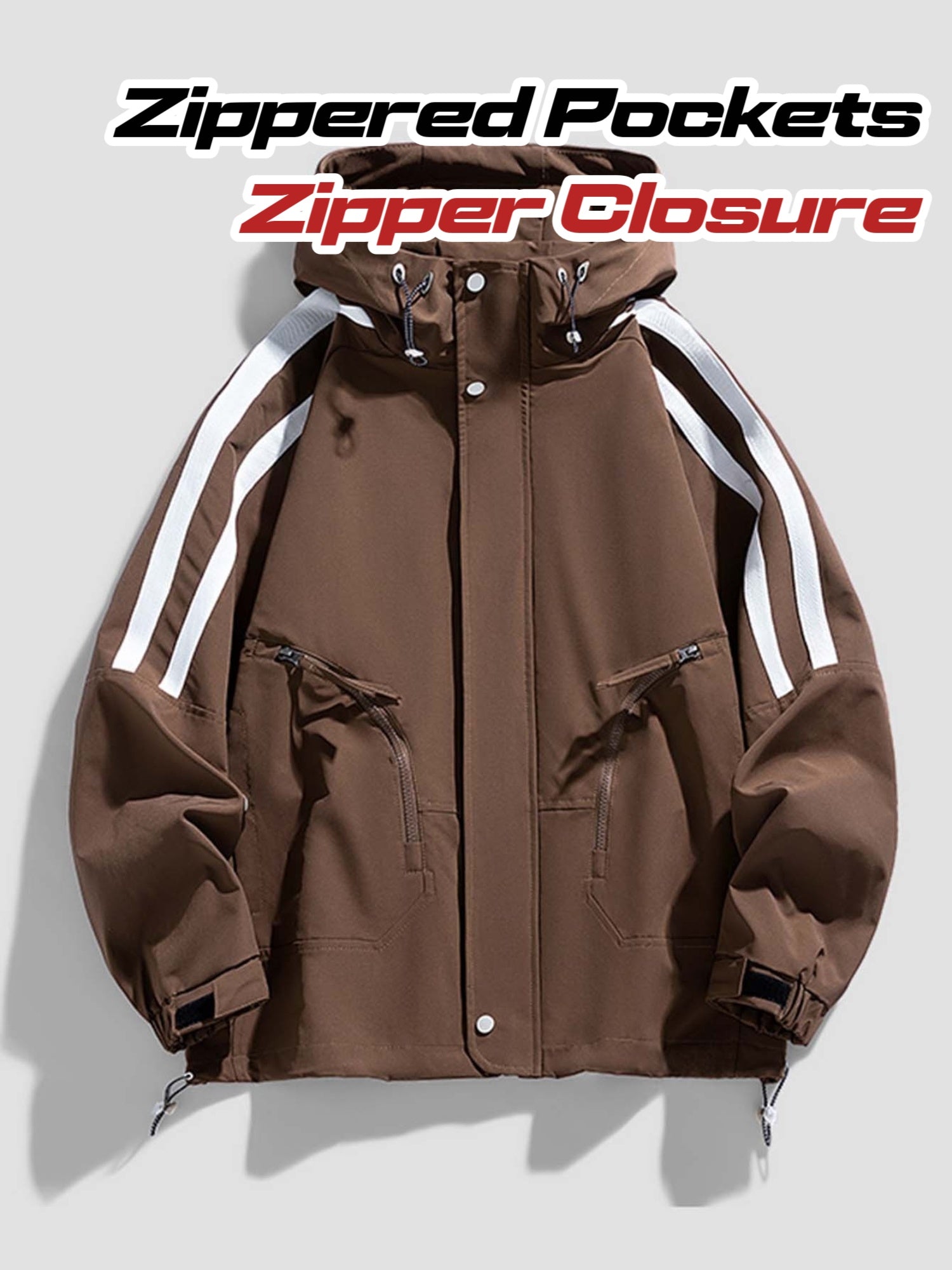 Men's Heavy-Duty Windproof Jacket - Full-Zip Hooded Windbreaker with White Stripe Collar & Cuffs