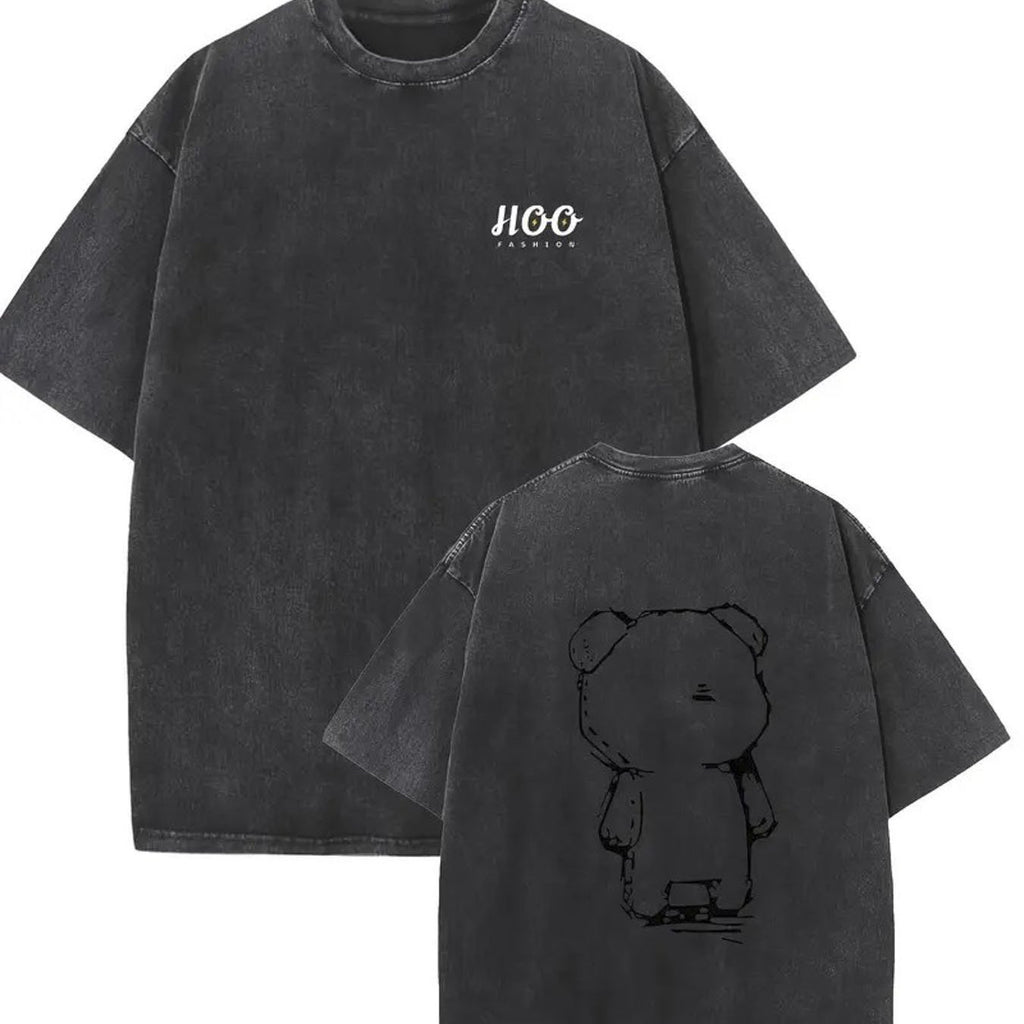 1pc, 230G Double-Sided Washed, Sticker Teddy Bear Printed T-Shirt